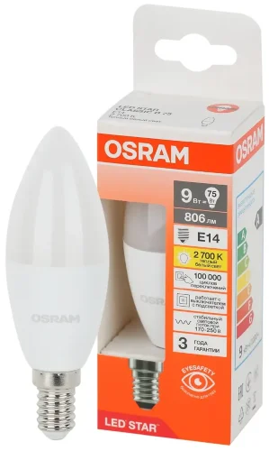 Лампа светодиодная LS 9W/4000K (=75W) E14 | LED Star 3Y | Свеча | - OSRAM. Фото