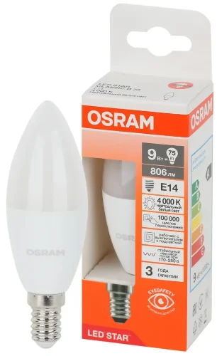 Лампа светодиодная LS 9W/4000K (=75W) E14 | LED Star 3Y | Свеча | - OSRAM. Фото 2