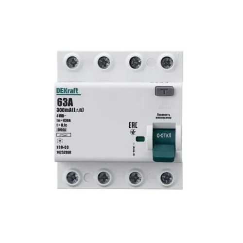Выключатель дифференциального тока (УЗО) 4п 63А 300мА тип AC 6кА УЗО-03 DEKraft 14252DEK - фото 2