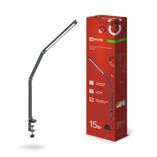 Светильник настольный светодиодный PLUS ССС-02Ч 15Вт 3000-6500К 600Лм USB, с адаптером, струбцина ЧЕРНЫЙ IN HOME - Фото