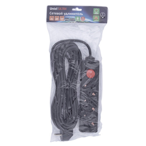 S-GCU3-7B BLACK Удлинитель серии Ultra, шнур 7м., 3 гнезда, 16A, с-з, Черный, TM Uniel - фото 5