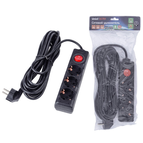 S-GCU3-7B BLACK Удлинитель серии Ultra, шнур 7м., 3 гнезда, 16A, с-з, Черный, TM Uniel - фото 6