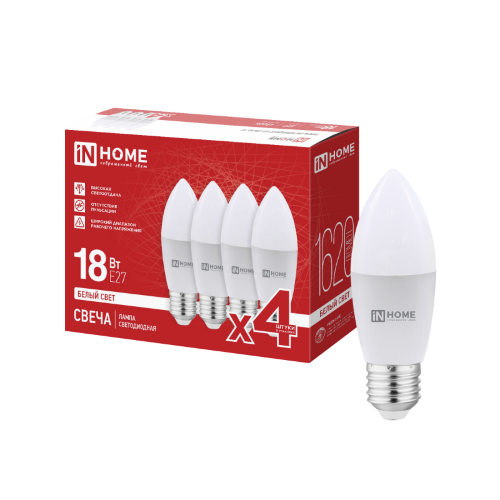 Лампа светодиодная LED-СВЕЧА-VC 4PACK 18Вт 230В Е27 4000К 1620Лм (4шт./упак) IN HOME - Фото