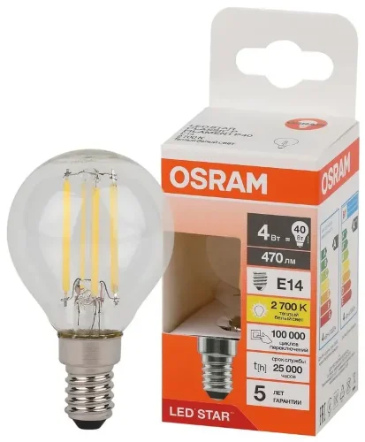 Лампа светодиодная филаментная 4W/2700K (=40W) E14 | Шарик | LED Star 5Y FILAMENT | - OSRAM. Фото 2