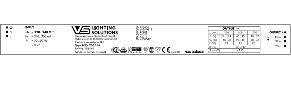 VS 40W 350/500/700мА 57-114V Терминал - Линейный драйвер для светодиодов Vossloh-Schwabe ECXe 700.148. Фото 3