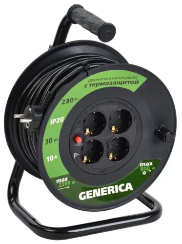 Удлинитель на катушке 4х30м 10А IP20 УК30 2P+PE 3х1 термозащита GENERICA WKP10-10-04-30-G - фото