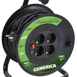Удлинитель на катушке 4х30м 10А IP20 УК30 2P+PE 3х1 термозащита GENERICA WKP10-10-04-30-G