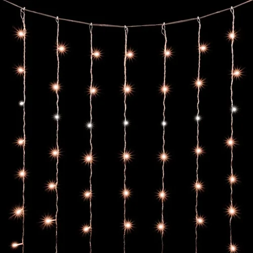 Гирлянда Занавес Облегченный 2 x 3 м Экстра Тепло-Белый с Мерцанием Белого Диода 220В, 600 LED, Провод Прозрачны ПВХ, IP54. Фото 1.