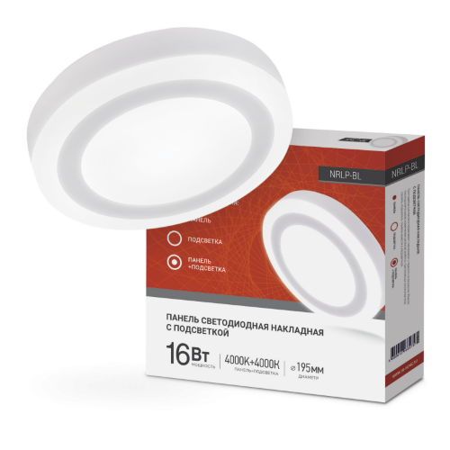 Панель светодиодная накладная круглая NRLP-BL 16Вт 230В 4000К 960Лм 195мм с подсветкой белая IP20 IN HOME - Фото 2
