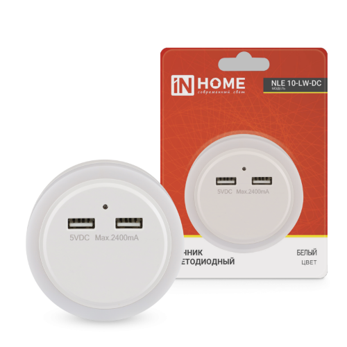 Ночник светодиодный NLE 10-LW-DC белый 2хUSB разъема с датчиком освещения 230В IN HOME - Фото