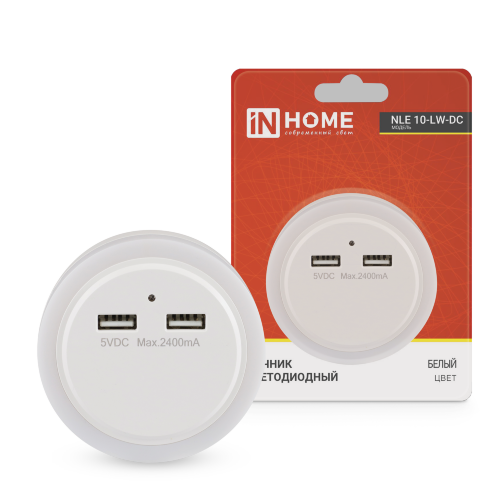 Ночник светодиодный NLE 10-LW-DC белый 2хUSB разъема с датчиком освещения 230В IN HOME - Фото