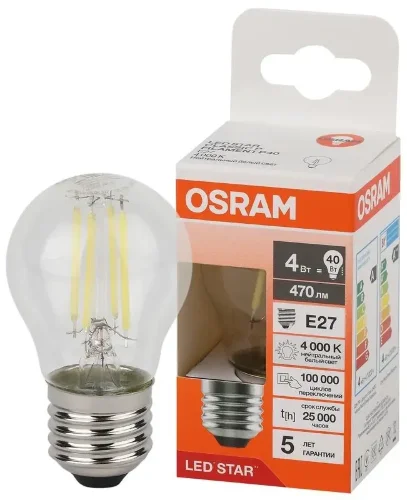 Лампа светодиодная филаментная 4W/4000K (=40W) E27 | Шарик | LED Star 5Y FILAMENT | - OSRAM. Фото 2