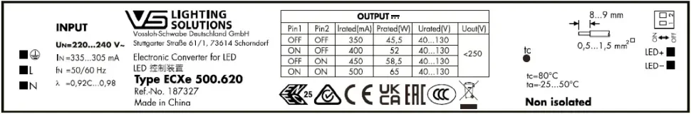 Драйвер для светодиодов линейный 45-65W/350-500мА 40-130V | DIP-переключатель | ECXe 500.620 | - Vossloh-Schwabe. Фото 2