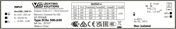 Драйвер для светодиодов линейный 45-65W/350-500мА 40-130V | DIP-переключатель | ECXe 500.620 | - Vossloh-Schwabe. Фото 2