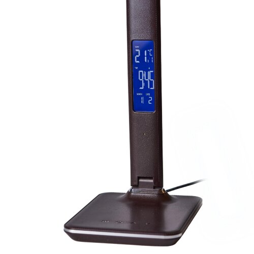 TLD-551 Brown-LED-450Lm-3000-6000K-Dimmer-USB Светильник настольный c часами, календарем, термометром, 9W, Сенсорный выключатель, Коричневый стилизован под кожу. - фото 8