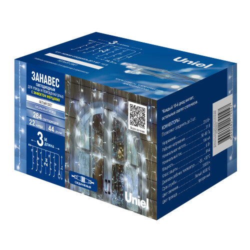 ULD-C3020-264/TTK WHITE IP44 Занавес светодиодный с эффектом мерцания, 3х2м. 264 светодиода. Белый свет. Провод прозрачный. TM Uniel - фото