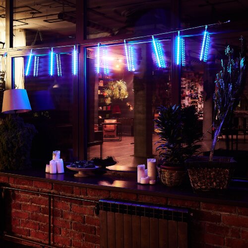 ULD-E2403-144-DTK BLUE IP44 METEOR Занавес светодиодный фигурный Падающие звезды, соединяемый, 2х0.3м, 8 подвесов, Синий свет, Провод прозрачный. - фото 6