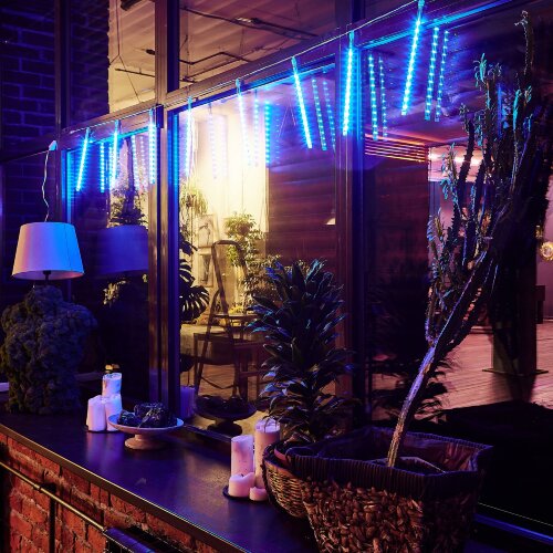 ULD-E2403-144-DTK BLUE IP44 METEOR Занавес светодиодный фигурный Падающие звезды, соединяемый, 2х0.3м, 8 подвесов, Синий свет, Провод прозрачный. - фото 7