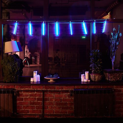 ULD-E2403-144-DTK BLUE IP44 METEOR Занавес светодиодный фигурный Падающие звезды, соединяемый, 2х0.3м, 8 подвесов, Синий свет, Провод прозрачный. - фото 5