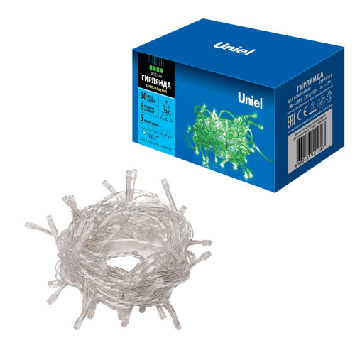 ULD-S0500-050/DTA GREEN IP20 Гирлянда светодиодная с контроллером, 5м. 50 светодиодов. Зеленый свет. Провод прозрачный. ТМ Uniel - фото