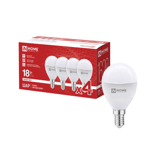 Лампа светодиодная LED-ШАР-VC 4PACK 18Вт 230В Е14 4000К 1620Лм (4шт./упак) IN HOME - Фото