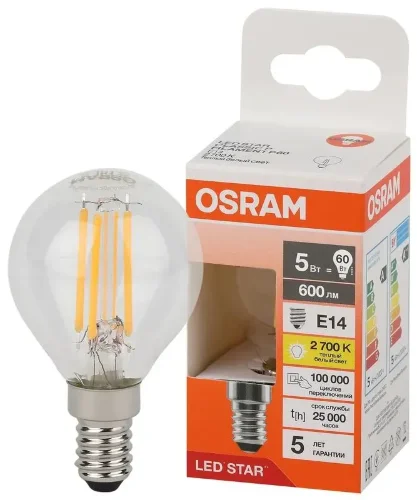 Лампа светодиодная филаментная 5W/2700K (=60W) E14 | Шарик | LED Star 5Y FILAMENT | - OSRAM. Фото 2