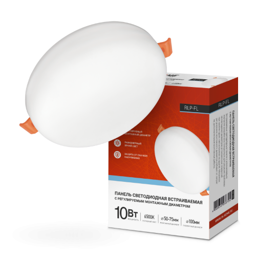 Панель светодиодная встраиваемая безрамочная RLP-FL 10Вт 230В 6500К 900Лм 100мм с регулируемым монтажом 45-80мм белая IP20 IN HOME - Фото