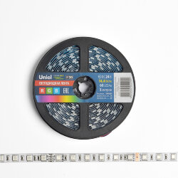 ULS-5050-60LED-m-10mm-IP20-DC24V-14.4W-m-5M-RGB Гибкая светодиодная лента UNIEL на самоклеящейся основе, Упаковка катушка 5 м, в герметичной упаковке, IP20, Угол излучения 120 , Мультиколор.