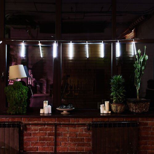 ULD-E2403-144-DTK WHITE IP44 METEOR Занавес светодиодный фигурный Падающие звезды, соединяемый, 2х0.3м, 8 подвесов, Белый свет, Провод прозрачный. - фото 5