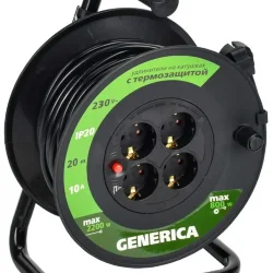 Удлинитель на катушке 4х20м 10А IP20 УК20 2P+PE 3х1 термозащита GENERICA WKP10-10-04-20-G