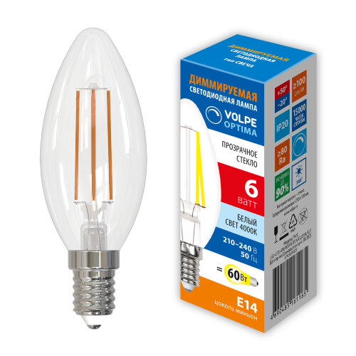 LED-C35-6W-4000K-E14-CL-DIM-SLF Лампа светодиодная, диммируемая, Форма свеча, прозрачная, Белый свет 4000K - фото 3