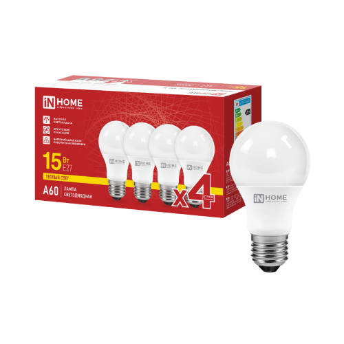 Лампа светодиодная LED-A60-VC 4PACK 15Вт 230В Е27 3000К 1430Лм (4шт./упак) IN HOME - Фото