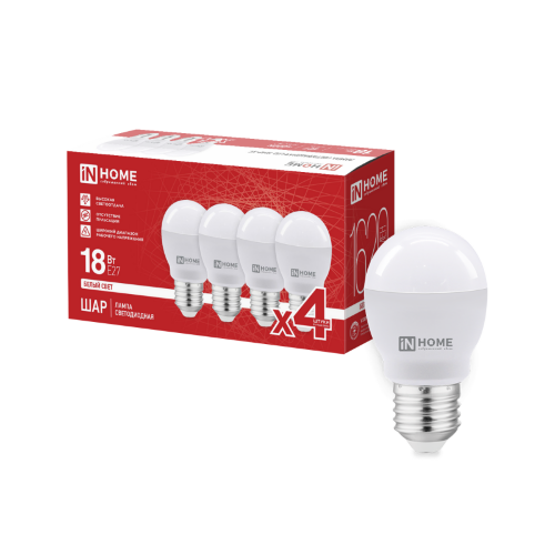 Лампа светодиодная LED-ШАР-VC 4PACK 18Вт 230В Е27 4000К 1620Лм (4шт./упак) IN HOME - Фото