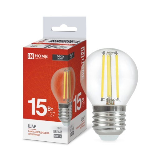 Лампа светодиодная LED-ШАР-deco 15Вт 230В Е27 4000К 1435Лм прозрачная IN HOME - Фото 2