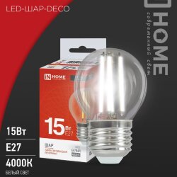 Лампа светодиодная LED-ШАР-deco 15Вт 230В Е27 4000К 1435Лм прозрачная IN HOME