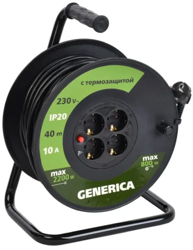 Удлинитель на катушке 4х40м 10А IP20 УК40 2P+PE 3х1 термозащита GENERICA WKP10-10-04-40-G - фото
