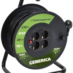 Удлинитель на катушке 4х40м 10А IP20 УК40 2P+PE 3х1 термозащита GENERICA WKP10-10-04-40-G