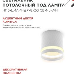 Светильник потолочный НПБ-ЦИЛИНДР-GX53 CB-NL-WH с подсветкой 82x80мм белый IN HOME