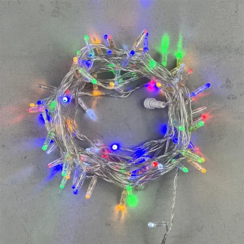 Гирлянда Нить с Колпачком 10м Разноцветная с Мерцанием Белого Диода 24В, 100 LED, Провод Прозрачный ПВХ, IP65. Фото 1.
