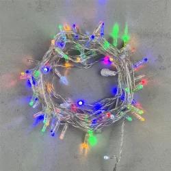 Гирлянда Нить с Колпачком 10м Разноцветная с Мерцанием Белого Диода 24В, 100 LED, Провод Прозрачный ПВХ, IP65