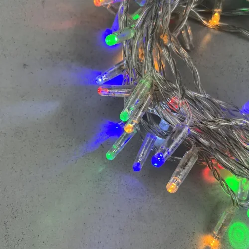 Гирлянда Нить с Колпачком 10м Разноцветная с Мерцанием Белого Диода 24В, 100 LED, Провод Прозрачный ПВХ, IP65. Фото 2.