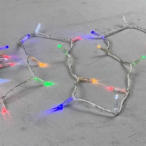 Гирлянда Нить с Колпачком 10м Разноцветная с Мерцанием Белого Диода 24В, 100 LED, Провод Прозрачный ПВХ, IP65. Фото 3.