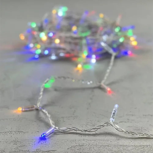 Гирлянда Нить с Колпачком 10м Разноцветная с Мерцанием Белого Диода 24В, 100 LED, Провод Прозрачный ПВХ, IP65. Фото 6.