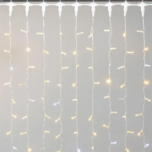 Гирлянда Занавес с Колпачком 2 x 2 м Тепло-Белый с Мерцанием Белого Диода 220В, 400 LED, Провод Прозрачный ПВХ, IP65. Фото 1.