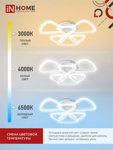 Светильник светодиодный ELEGANT SANSA-W 90Вт 230В 3000-6500K 7000Лм 650х650х130мм c пультом ДУ белый IN HOME - Фото 2
