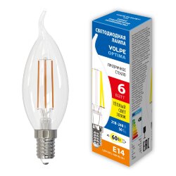 LED-CW35-6W-3000K-E14-CL-SLF Лампа светодиодная, Форма свеча на ветру, прозрачная, Теплый белый свет 3000К