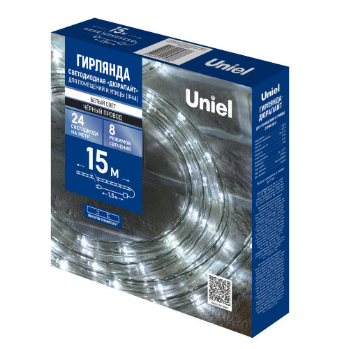 ULD-D50 15M/С08 IP44 WHITE Гирлянда светодиодная Дюралайт, 15м. Коннектор в/к. Белый свет. Провод черный. ТМ Uniel - фото