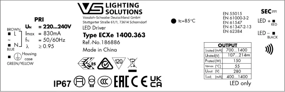 VS 150W/700-1400мА 107-214V NFC IP67 213x69x39мм - Влагозащищённый драйвер для светодиодов Vossloh-Schwabe ECXe 1400.363. Фото 2