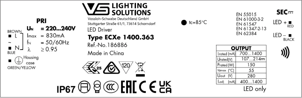 VS 150W/700-1400мА 107-214V NFC IP67 213x69x39мм - Влагозащищённый драйвер для светодиодов Vossloh-Schwabe ECXe 1400.363. Фото 3