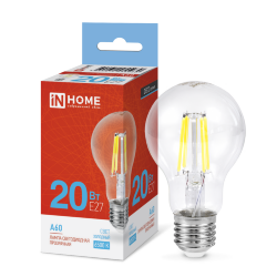 Лампа светодиодная LED-A60-deco 20Вт 230В Е27 6500К 1890Лм прозрачная IN HOME